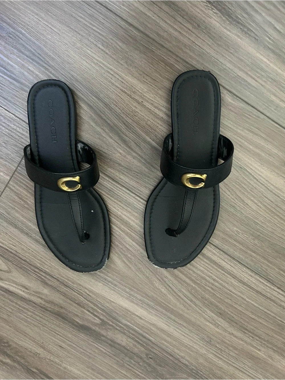 Coach Black Leather Toe-Post Sandals with Gold C Accent